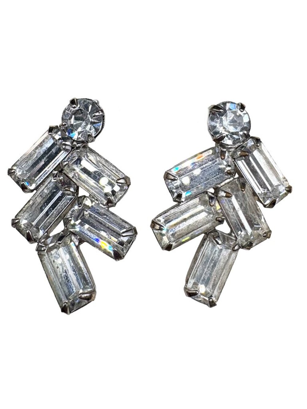 Vintage Weiss Baguette Glass Rhinestone Clip On Earrings